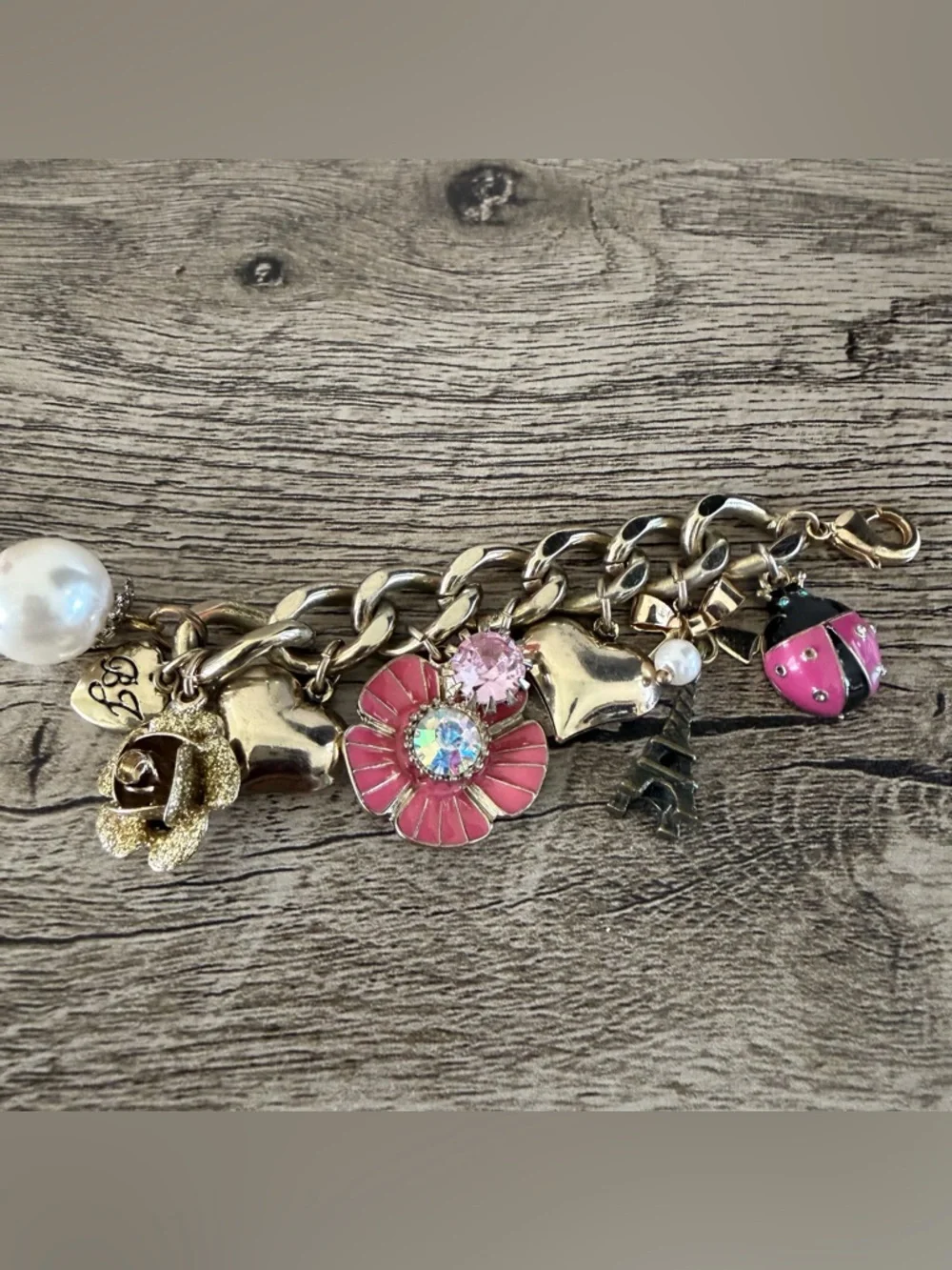 BETSEY JOHNSON Paris Charm Bracelet Pink Lady Bug Rose Heart Gold Enamel Rare